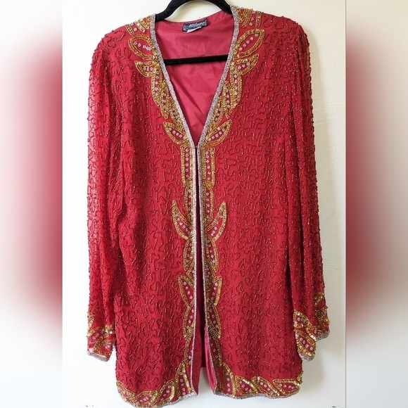 Vintage Milano 100% Silk Beaded 2pc set, Red and Gold Sequins, Stunning! XL - Picture 2 of 12